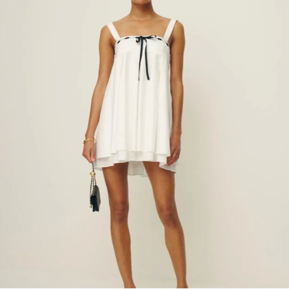Reformation‎ Shai Mini Dress White Cotton Black Bow French Casual Size 12 NWT